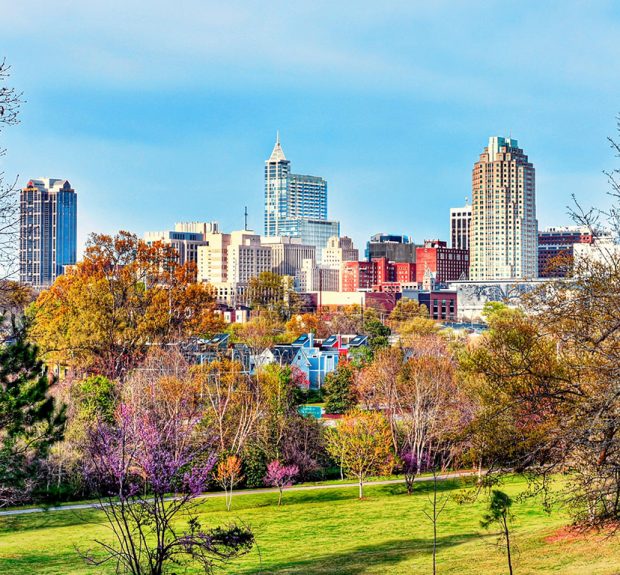 A colorful downtown Raleigh, North Carolina cityscape view from a park in spring.